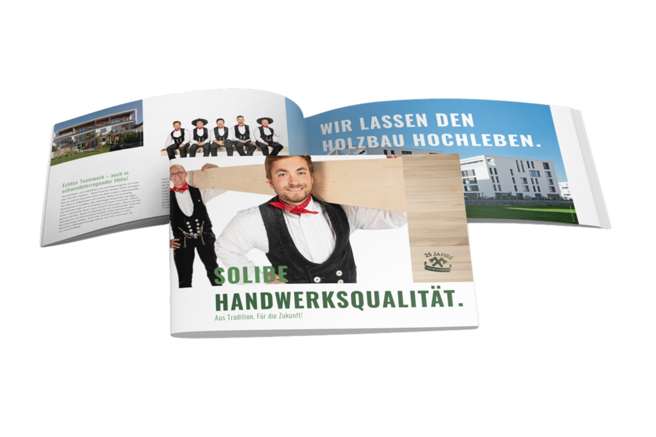 Imagebroschüre der Zimmerei Heinlein mit Teamfoto, Bauprojekten und dem Leitsatz ‚Solide Handwerksqualität – Aus Tradition. Für die Zukunft!'
